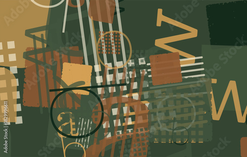 Abstract vector illustration background featuring overlapping geometric shapes, textured grids and academic letter forms. Dark earthy color scheme, representing complex learning and artistic.