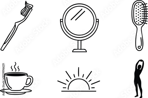 Minimal line art morning routine vector icons with toothbrush mirror hairbrush coffee cup sunrise and stretching person arranged in two rows on clean white background