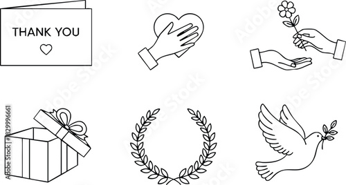 Minimal line art thank you card heart in hand flower gift box laurel wreath and flying dove with olive branch charity gratitude vector set