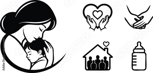 Flat design black and white mother holding baby in gentle embrace with family home heart hands and baby bottle icons for mothers day theme
