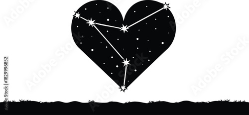 Minimalist vector art of black heart shaped sky above grass with bright star constellation lines and scattered dots in simple night romance style