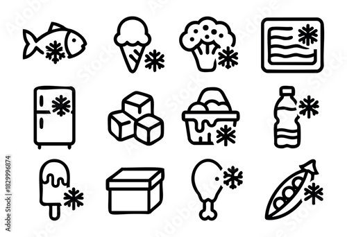 Frozen Food line icons — various preserved food products with snowflake symbols for freezer storage — stock vector.