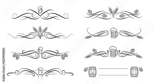 Elegant beer-themed text dividers featuring hops, grains, mugs, and floral designs in a decorative style