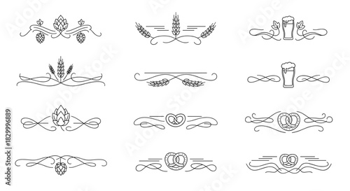 Beer-themed text dividers featuring hops, wheat, mugs, and decorative elements in a stylish collection