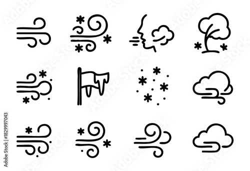 Winter Wind & Blizzard line icons — blowing snow, cold gusts, and stormy weather symbols — stock vector.