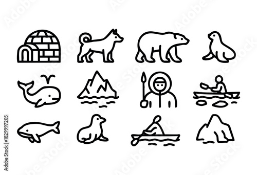 Arctic Life line icons — Inuit culture, polar animals, and northern nature symbols — stock vector.