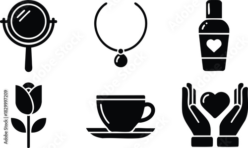 Flat vector art set of black beauty and love icons showing mirror necklace bottle rose tea cup and caring hands holding heart in minimalist style