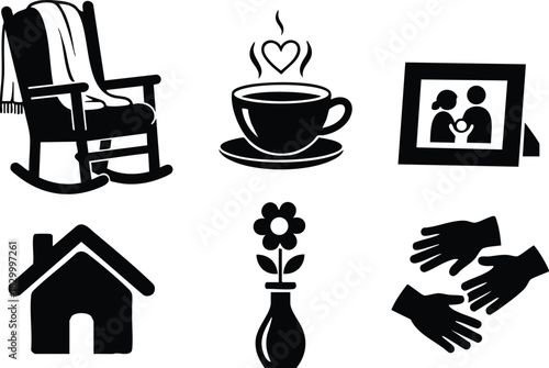 Flat design black icons of rocking chair coffee cup with heart family photo frame house vase flower and helping hands for cozy home care theme