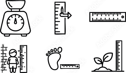 Minimal line vector set of measurement icons with weighing scale rulers child height footprint and plant growth symbols arranged in two rows on white background