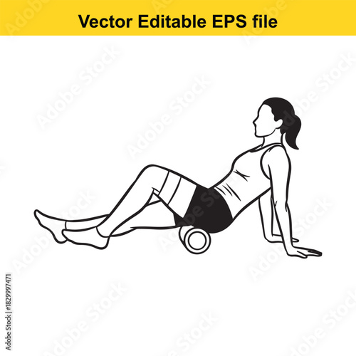 Line art illustration of a woman performing a hamstring stretch using a foam roller for muscle recovery and physical therapy, isolated on white background