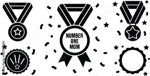 Flat award medal vector art with central number one mom badge and surrounding star confetti icons for mothers day celebration in simple black silhouette style