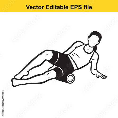 Vector editable eps file illustration of woman performing self massage and muscle recovery exercise using a foam roller isolated on white background