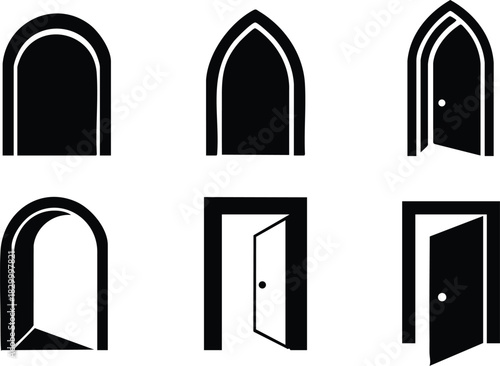 Minimalist vector art set of six black doorway icons with arched and rectangular frames closed and open doors geometric silhouettes on white background symbolizing opportunity and transition