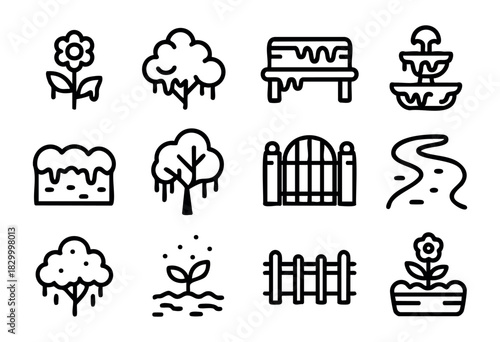 Spring Thaw in the Park line icons — melting snow on trees, flowers, and benches as winter ends — stock vector.