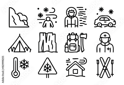 Winter Survival & Emergency line icons — avalanche, blizzard, and rescue symbols for extreme cold conditions — stock vector.