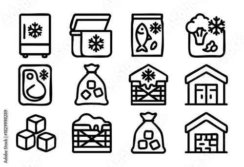 Cold Storage & Frozen Goods doodle icons — freezer, cooler, and packaged food for industrial and home use — stock vector.