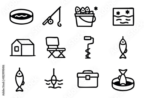 Ice Fishing doodle icons — winter angling equipment, frozen lake, and cold weather hobby symbols — stock vector.