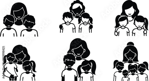 Flat design black mother and children avatars set showing single parent family icons with sons and daughters in different poses simple silhouette style
