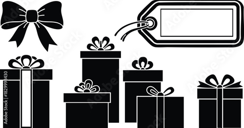Flat black silhouette vector art of assorted gift boxes with bows and blank price tag label arranged in horizontal row on white background festive minimal style