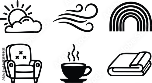 Cozy flat design icons of sun cloud wind rainbow armchair coffee cup and folded blanket arranged in two rows simple black line style for hygge theme