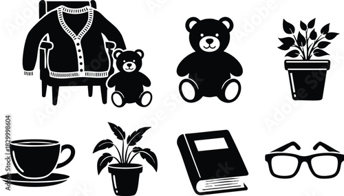 Cozy flat vector art of rocking chair with cardigan teddy bears potted plants coffee cup book and glasses in simple black silhouette style for home comfort theme