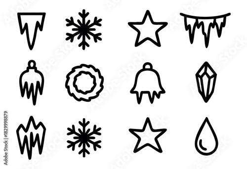 Frozen Decorations doodle icons — icy ornaments, snowflakes, and frosty holiday symbols — stock vector.