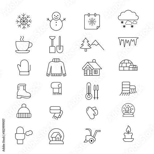 A clean minimal winter-themed line art icons set featuring sled, snowflake, cabin, scarf, cocoa mug, lantern, mittens and perfect for UI, print, and seasonal designs.