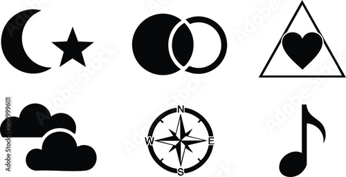 Minimal flat vector icons with black moon and star clouds compass music note overlapping circles and triangle heart arranged in two rows on white background graphic set