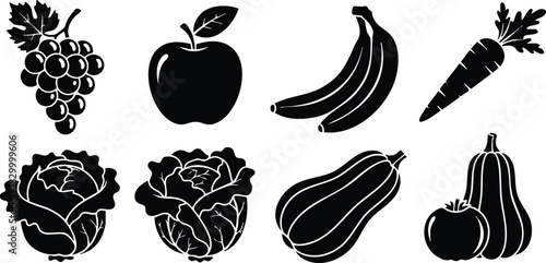 Flat design black produce silhouettes showing grapes apple bananas carrot cabbage squash and tomato arranged in two rows simple healthy food vector art