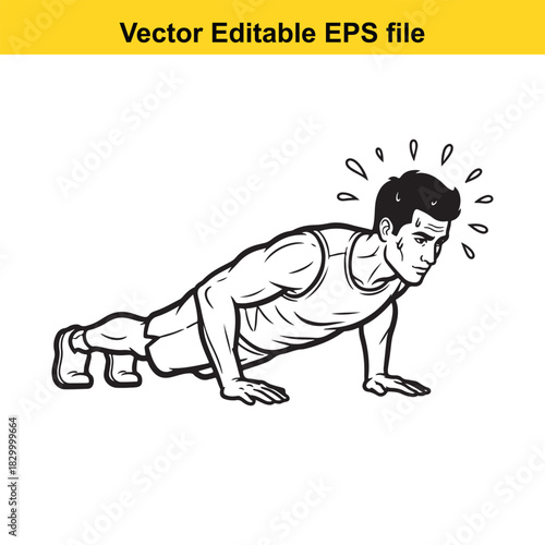 Man doing a push up exercise in a vintage comic book style vector illustration, isolated on white background