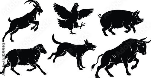 Farm animal silhouette vector art with jumping goat, flapping chicken, walking pig, grazing sheep, running dog and charging bull in bold black shapes