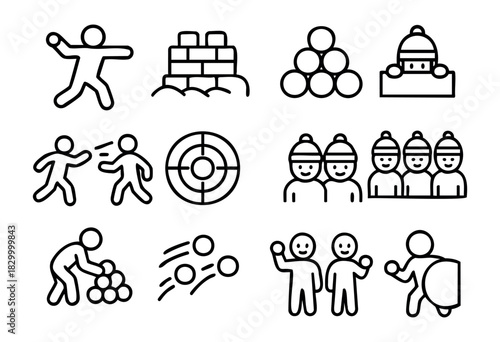 Snowball Fight line icons — people playing in the snow, building forts, and having a winter battle — stock vector.