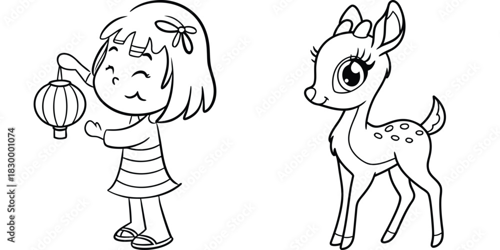 Naklejka premium Adorable Cartoon Girl with Lantern and Cute Fawn Lineart for Kids Coloring Pages