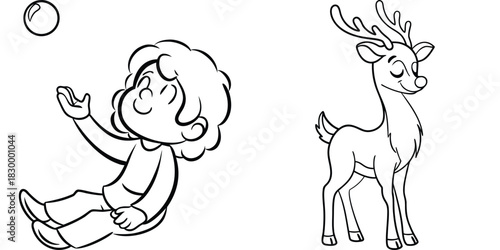 Festive Reindeer and Child Playing with Bubble, Cute Cartoon Lineart