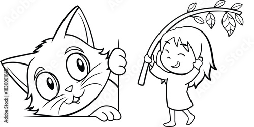 Cute Cartoon Cat and Happy Girl Drawing Outline for Kids Coloring Book Page