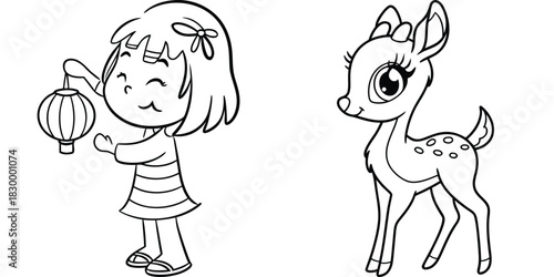 Adorable Cartoon Girl with Lantern and Cute Fawn Lineart for Kids Coloring Pages