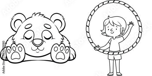 Cute Sleeping Bear Cub and Happy Child Playing with Hula Hoop Outline Drawing for Coloring Book