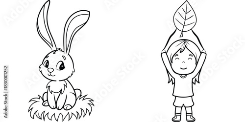 Cute Rabbit and Happy Child Holding a Leaf Line Art Illustration for Kids Coloring Book Activities