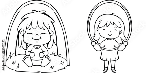 Happy Child Playing and Girl Enjoying Jump Rope Activity, Fun Outline Vector