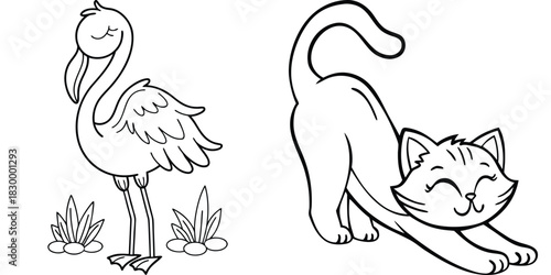 Charming Cartoon Flamingo and Stretching Cat Lineart for Creative Coloring Activities