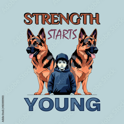 German Shepherd standing confidently beside a baby boy (Strength starts young).eps