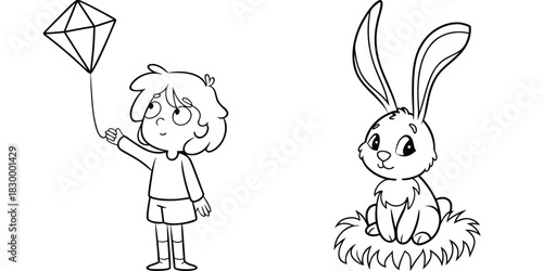 Cute Child with Kite and Happy Bunny Outline Drawing for Kids' Coloring Book Activity