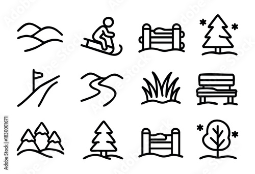 Winter Park & Landscape line icons — snowy hills, sledding, trees, and other outdoor nature elements — stock vector.