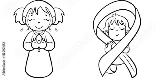 Little Girl Crying in Sadness and Prayer with Awareness Ribbon for Support