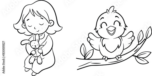 Cute Child Holding Bunny and Happy Cartoon Bird Line Art Drawing for Kids