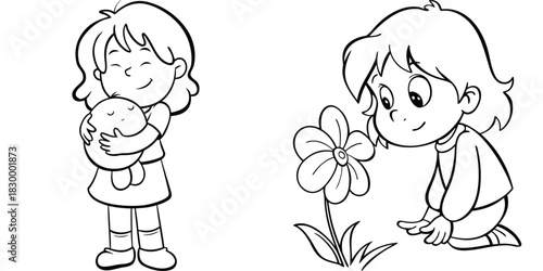 Sweet Cartoon Girl Hugging Baby and Observing Flower Line Art Illustration