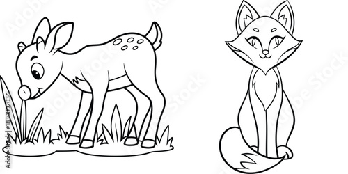Cute Fawn and Fox Cartoon Animal Drawing for Children's Coloring Book Pages