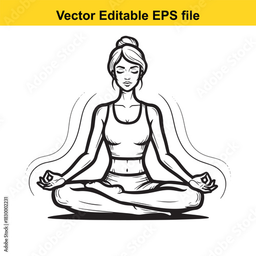Black and white line art vector illustration of a woman meditating in lotus position for yoga and relaxation, isolated on white background