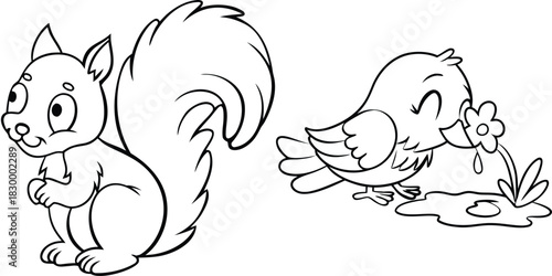 Adorable Cartoon Squirrel and Bird Lineart for Kids Coloring Pages Activity