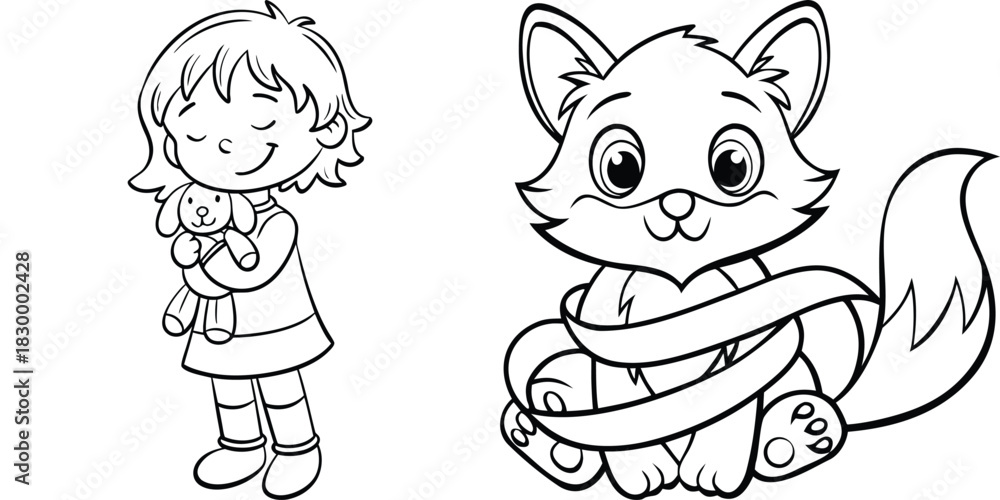 Obraz premium Cute Cartoon Girl and Fox Lineart Coloring Page for Children